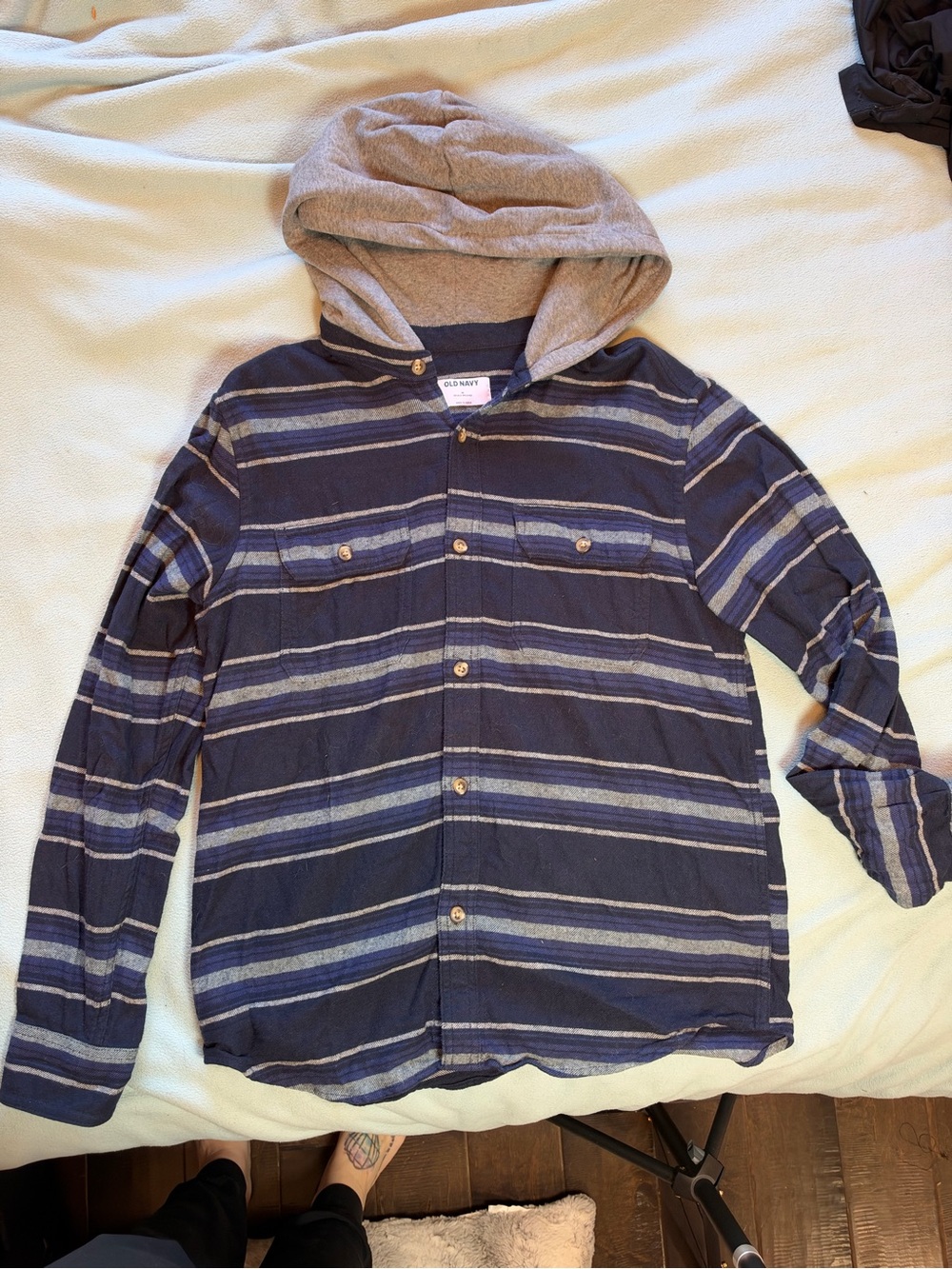 Old Navy Navy and Gray Striped Hooded Button-Up Shirt